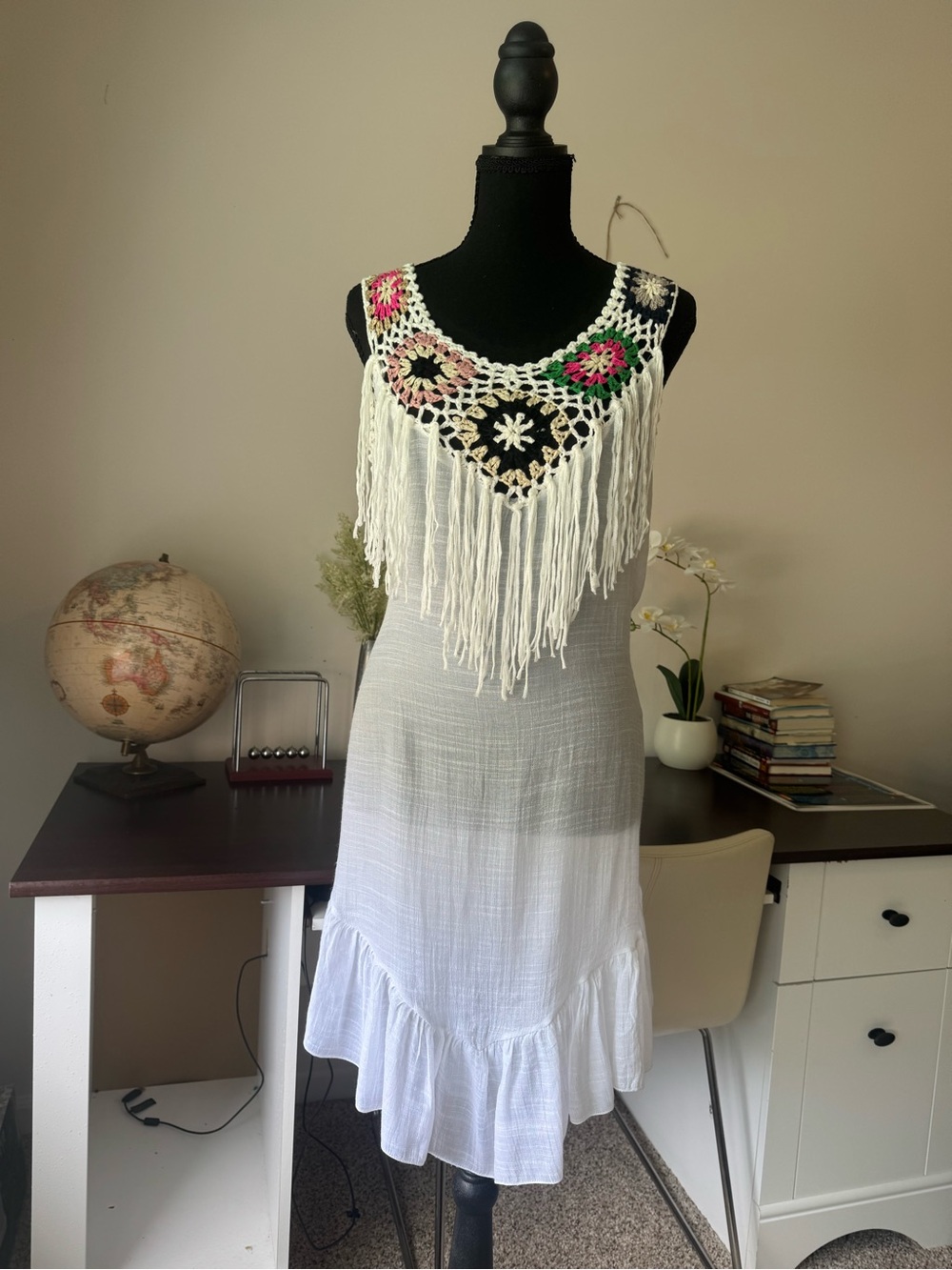Boho Crochet Granny Square Fringe Dress Sleeveless Festival Beach Cover Up NWT - Picture 7 of 10